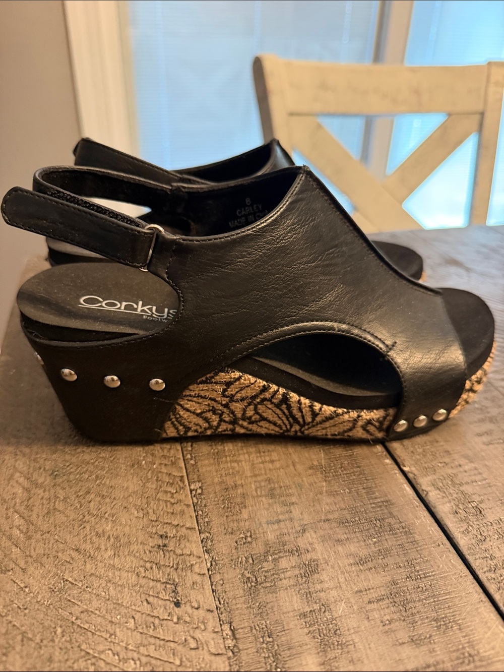 Corkys Black Open-Toe Wedge Sandals with Patterned Cork Accent